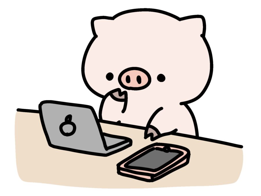 パソコンで勉強するブタさんの画像